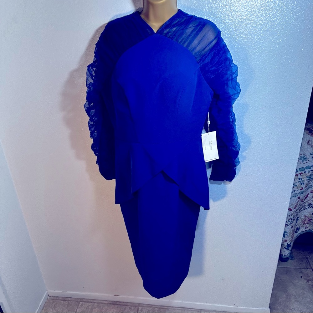 TS Couture RoyalBlue Long Ruched Tulle SheerSleeves Cocktail Peplum Dress NWT 14